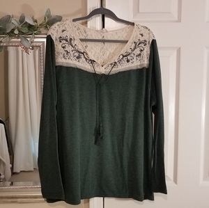 Crescent Dark Green Lace Yoke Top